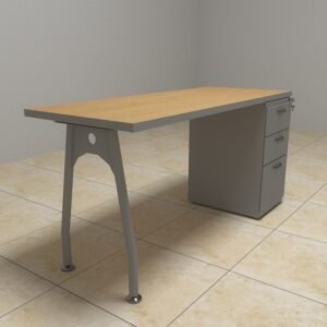 escritorio metálico moderno con cajonera de 3 gavetas y patas arqueadas